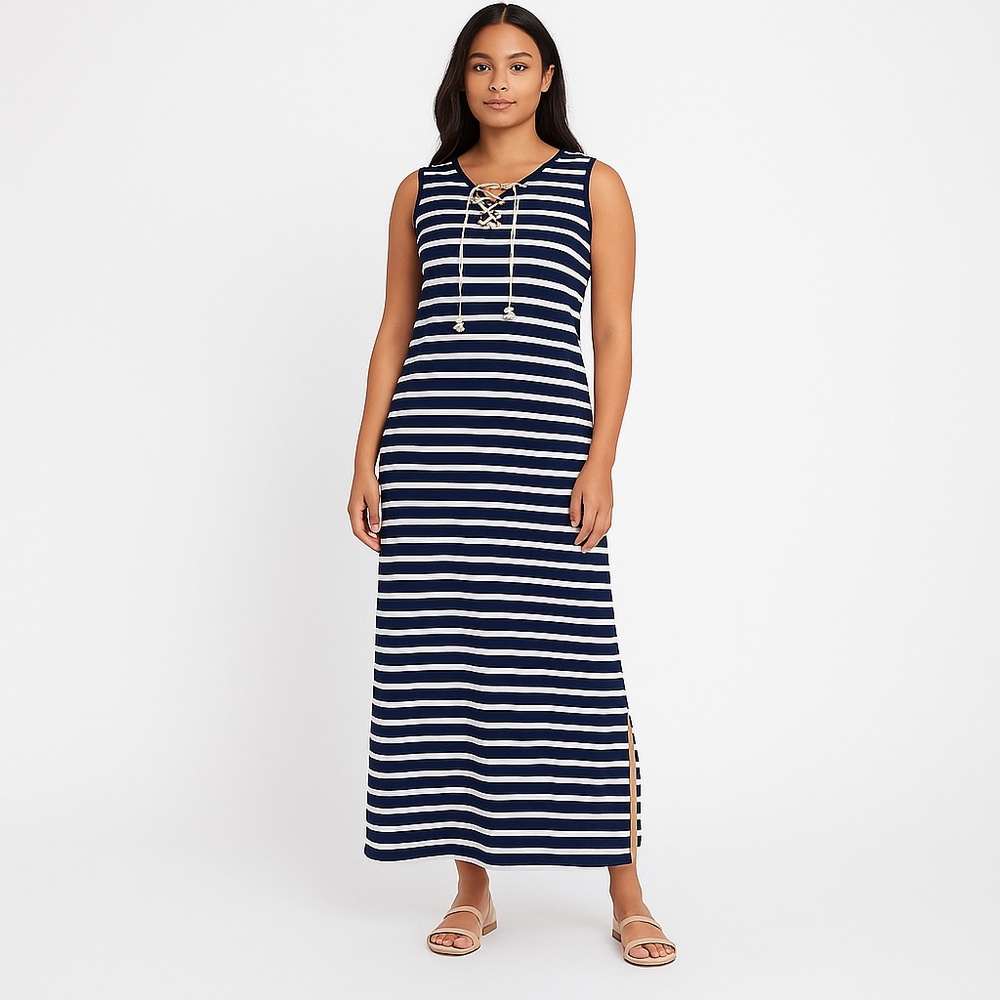 Tribal Femme Navy White Striped Lace-Up Sleeveless Maxi Dress Side Slit Size L